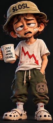 Lossy Larry holding a 'Just one more trade' mug